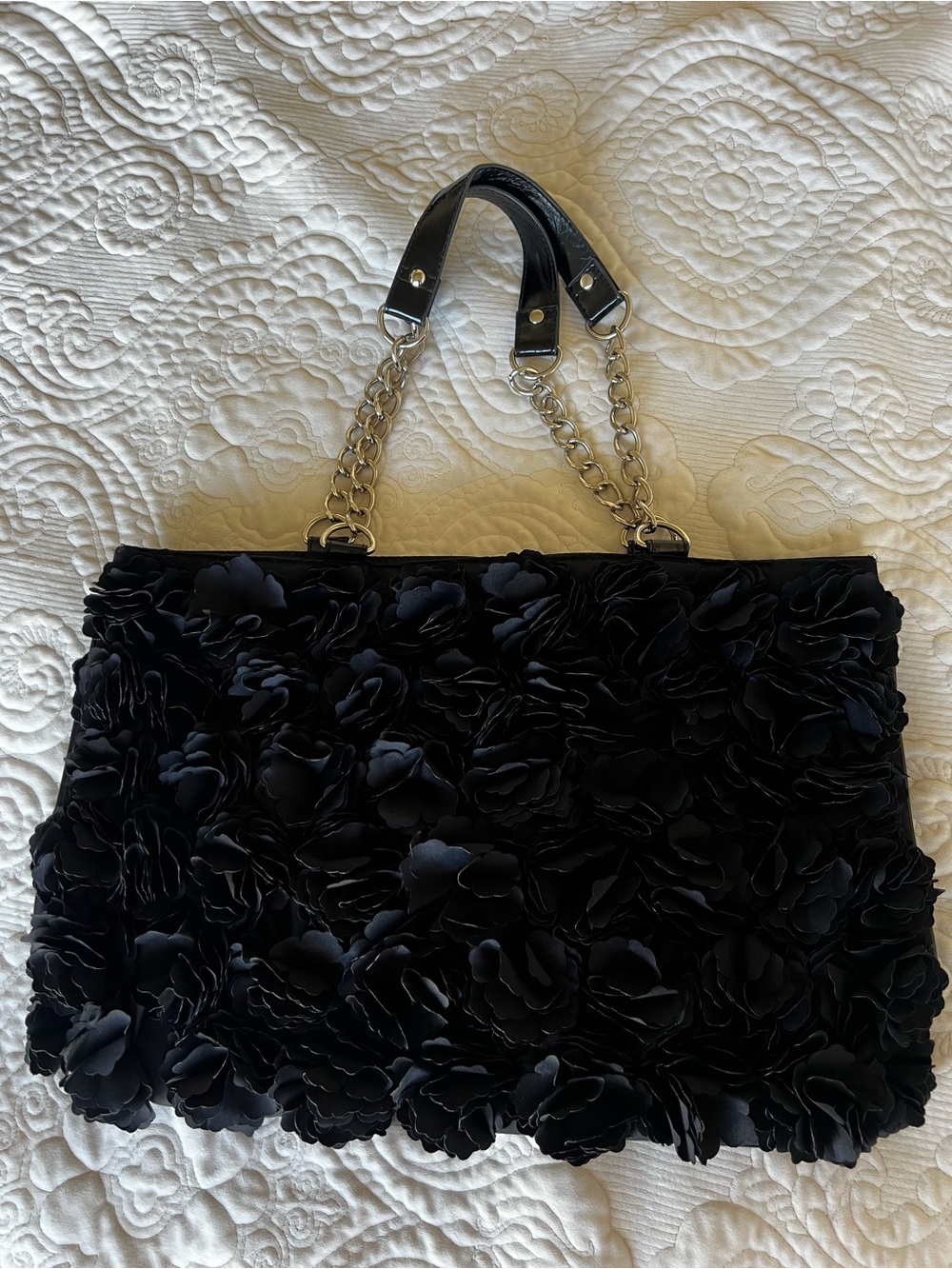 White House Black Market Black Floral Appliqué Chain-Handle Shoulder Bag